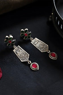 White Finish Red & Green Kundan Polki Temple Dangler Earrings In Sterling Silver
