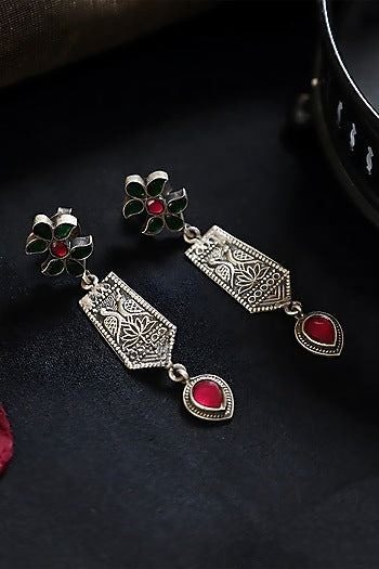 White Finish Red & Green Kundan Polki Temple Dangler Earrings In Sterling Silver