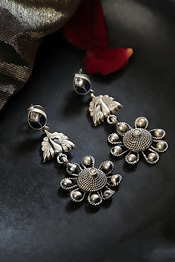 White Finish Kundan Polki Temple Peacock Earrings In Sterling Silver