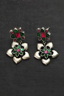 White Finish Pink & Green Kundan Polki Temple Floral Earrings In Sterling Silver