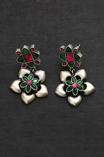 White Finish Pink & Green Kundan Polki Temple Floral Earrings In Sterling Silver