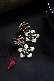 White Finish Pink & Green Kundan Polki Temple Floral Earrings In Sterling Silver