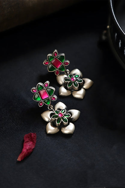 White Finish Pink & Green Kundan Polki Temple Floral Earrings In Sterling Silver