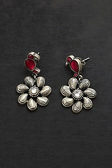 White Finish Red Kundan Polki Temple Bird & Floral Earrings In Sterling Silver