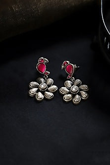 White Finish Red Kundan Polki Temple Bird & Floral Earrings In Sterling Silver
