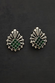White Finish Green Kundan Polki Temple Earrings In Sterling Silver
