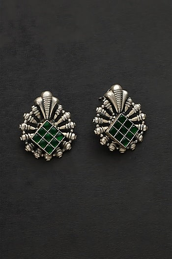 White Finish Green Kundan Polki Temple Earrings In Sterling Silver