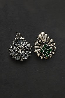 White Finish Green Kundan Polki Temple Earrings In Sterling Silver