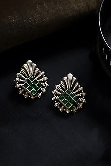 White Finish Green Kundan Polki Temple Earrings In Sterling Silver