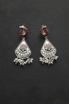 White Finish Pink Kundan Polki Temple Dangler Earrings In Sterling Silver