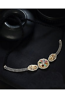 Two-Tone Finish Multi-Colored Kundan Polki Temple Choker Necklace In Sterling Silver