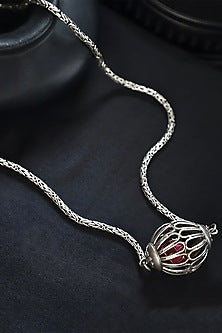 White Finish Red Kundan Polki Ball Necklace In Sterling Silver