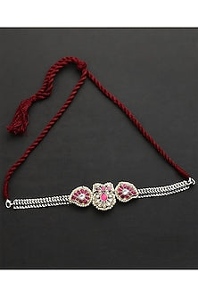Two-Tone Finish Pink Kundan Polki Temple Choker Necklace In Sterling Silver