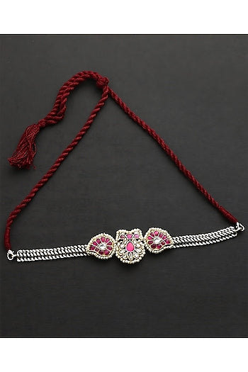 Two-Tone Finish Pink Kundan Polki Temple Choker Necklace In Sterling Silver