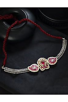 Two-Tone Finish Pink Kundan Polki Temple Choker Necklace In Sterling Silver