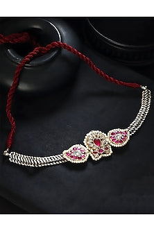 Two-Tone Finish Pink Kundan Polki Temple Choker Necklace In Sterling Silver