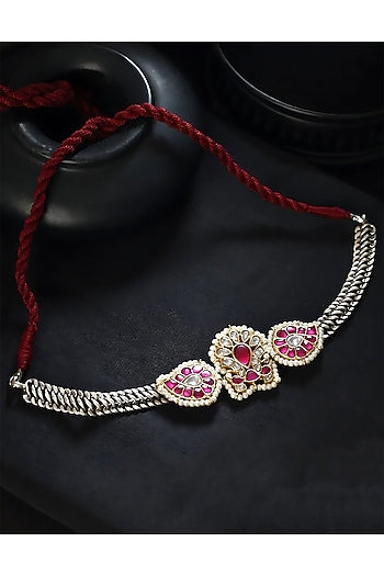 Two-Tone Finish Pink Kundan Polki Temple Choker Necklace In Sterling Silver