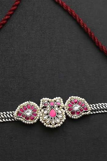 Two-Tone Finish Pink Kundan Polki Temple Choker Necklace In Sterling Silver