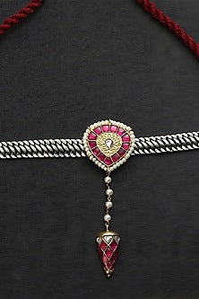 Two-Tone Finish Pink Kundan Polki Temple Choker Necklace In Sterling Silver