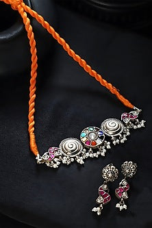 White Finish Multi-Colored Kundan Polki Temple Choker Necklace Set In Sterling Silver