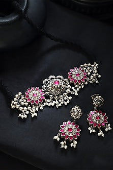 White Finish Pink & White Kundan Polki Temple Choker Necklace Set In Sterling Silver