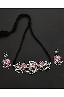 White Finish Pink & White Kundan Polki Temple Choker Necklace Set In Sterling Silver