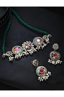 White Finish Multi-Colored Kundan Polki & Pearl Temple Choker Necklace Set In Sterling Silver