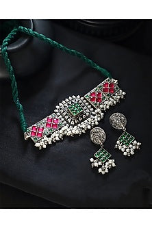 White Finish Green & Red Kundan Polki Temple Choker Necklace Set In Sterling Silver