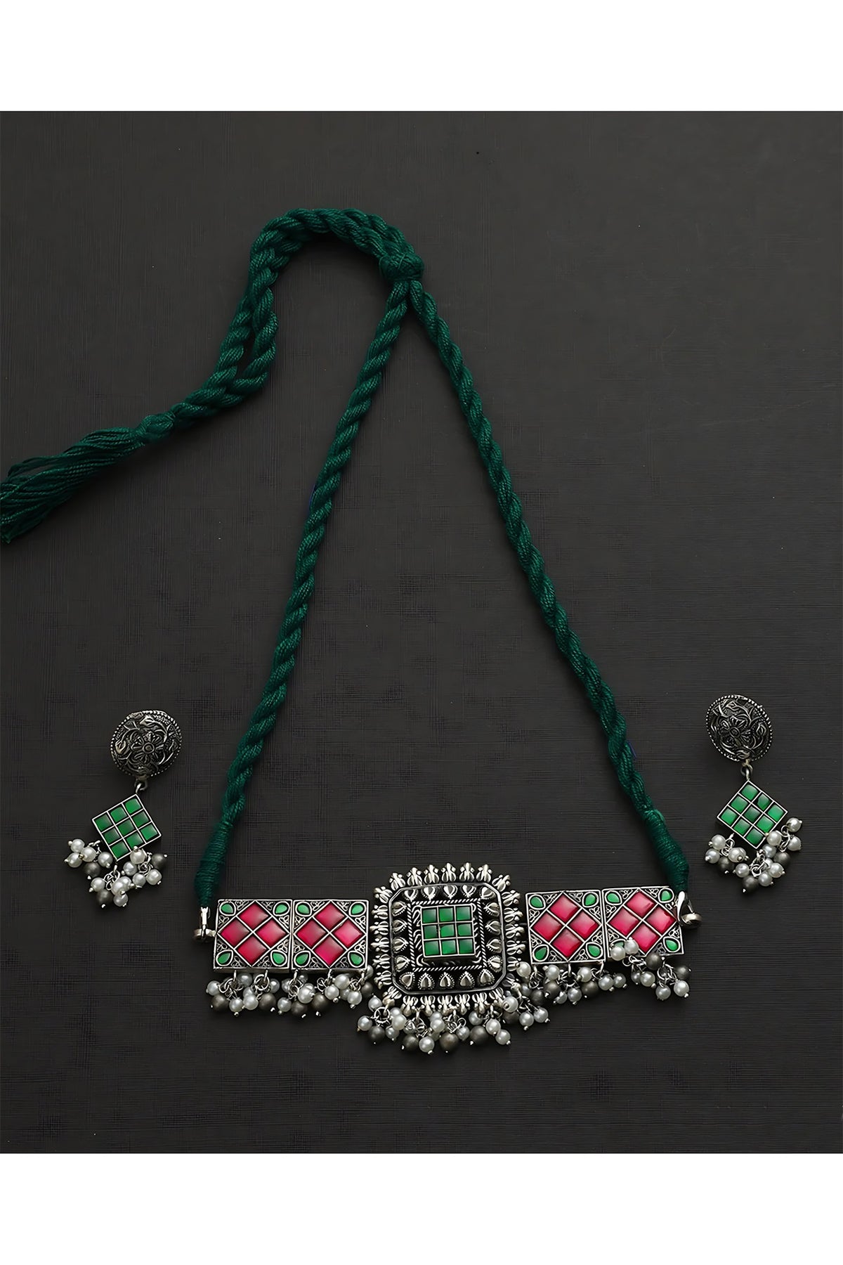 White Finish Green & Red Kundan Polki Temple Choker Necklace Set In Sterling Silver