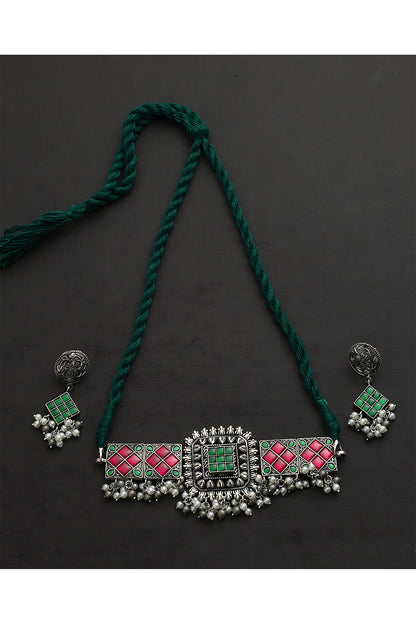 White Finish Green & Red Kundan Polki Temple Choker Necklace Set In Sterling Silver