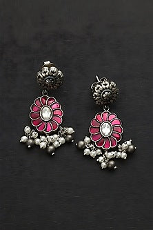 White Finish Pink Kundan Polki Temple Floral Choker Necklace Set In Sterling Silver