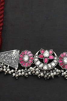 White Finish Pink Kundan Polki Temple Floral Choker Necklace Set In Sterling Silver