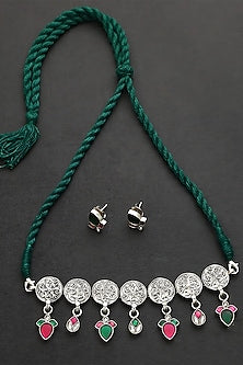 White Finish Green Kundan Polki Temple Choker Necklace Set In Sterling Silver