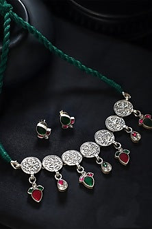 White Finish Green Kundan Polki Temple Choker Necklace Set In Sterling Silver