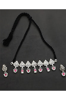 White Finish Pink Kundan Polki Temple Choker Necklace Set In Sterling Silver