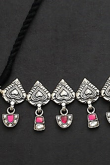 White Finish Pink Kundan Polki Temple Choker Necklace Set In Sterling Silver