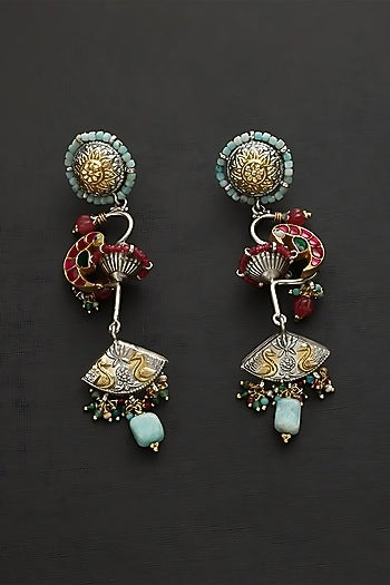 Two Tone Finish Multi-Colored Stone & Kundan Polki Temple Earrings In Sterling Silver