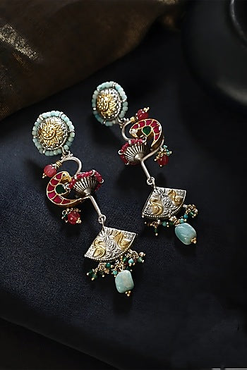 Two Tone Finish Multi-Colored Stone & Kundan Polki Temple Earrings In Sterling Silver