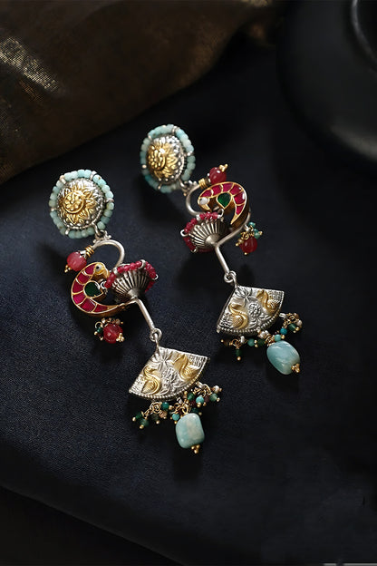 Two Tone Finish Multi-Colored Stone & Kundan Polki Temple Earrings In Sterling Silver