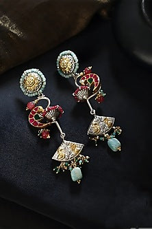 Two Tone Finish Multi-Colored Stone & Kundan Polki Temple Earrings In Sterling Silver