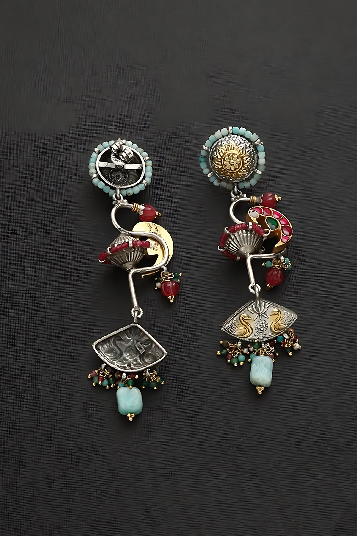 Two Tone Finish Multi-Colored Stone & Kundan Polki Temple Earrings In Sterling Silver