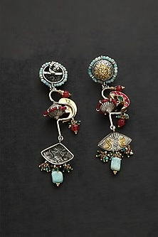 Two Tone Finish Multi-Colored Stone & Kundan Polki Temple Earrings In Sterling Silver