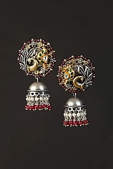 Two Tone Finish Multi-Colored Stone & Kundan Polki Temple Jhumka Earrings In Sterling Silver