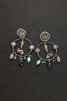 Two Tone Finish Multi-Colored Stone & Kundan Polki Temple Dangler Earrings In Sterling Silver