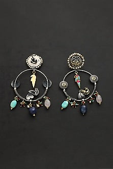Two Tone Finish Multi-Colored Stone & Kundan Polki Temple Dangler Earrings In Sterling Silver