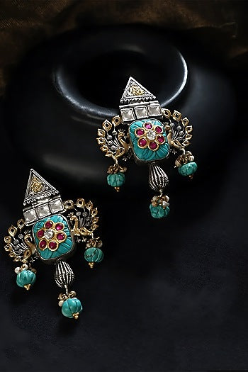 Two Tone Finish Multi-Colored Stone & Kundan Polki Temple Earrings In Sterling Silver