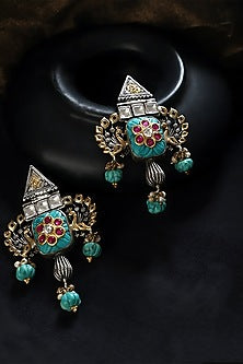 Two Tone Finish Multi-Colored Stone & Kundan Polki Temple Earrings In Sterling Silver