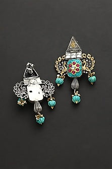 Two Tone Finish Multi-Colored Stone & Kundan Polki Temple Earrings In Sterling Silver