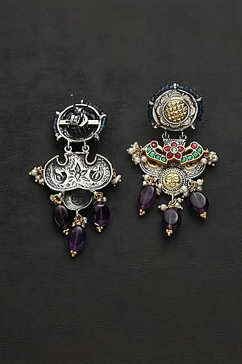Two Tone Finish Multi-Colored Stone & Kundan Polki Temple Earrings In Sterling Silver