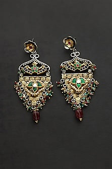 Two Tone Finish Multi-Colored Stone & Kundan Polki Temple Dangler Earrings In Sterling Silver